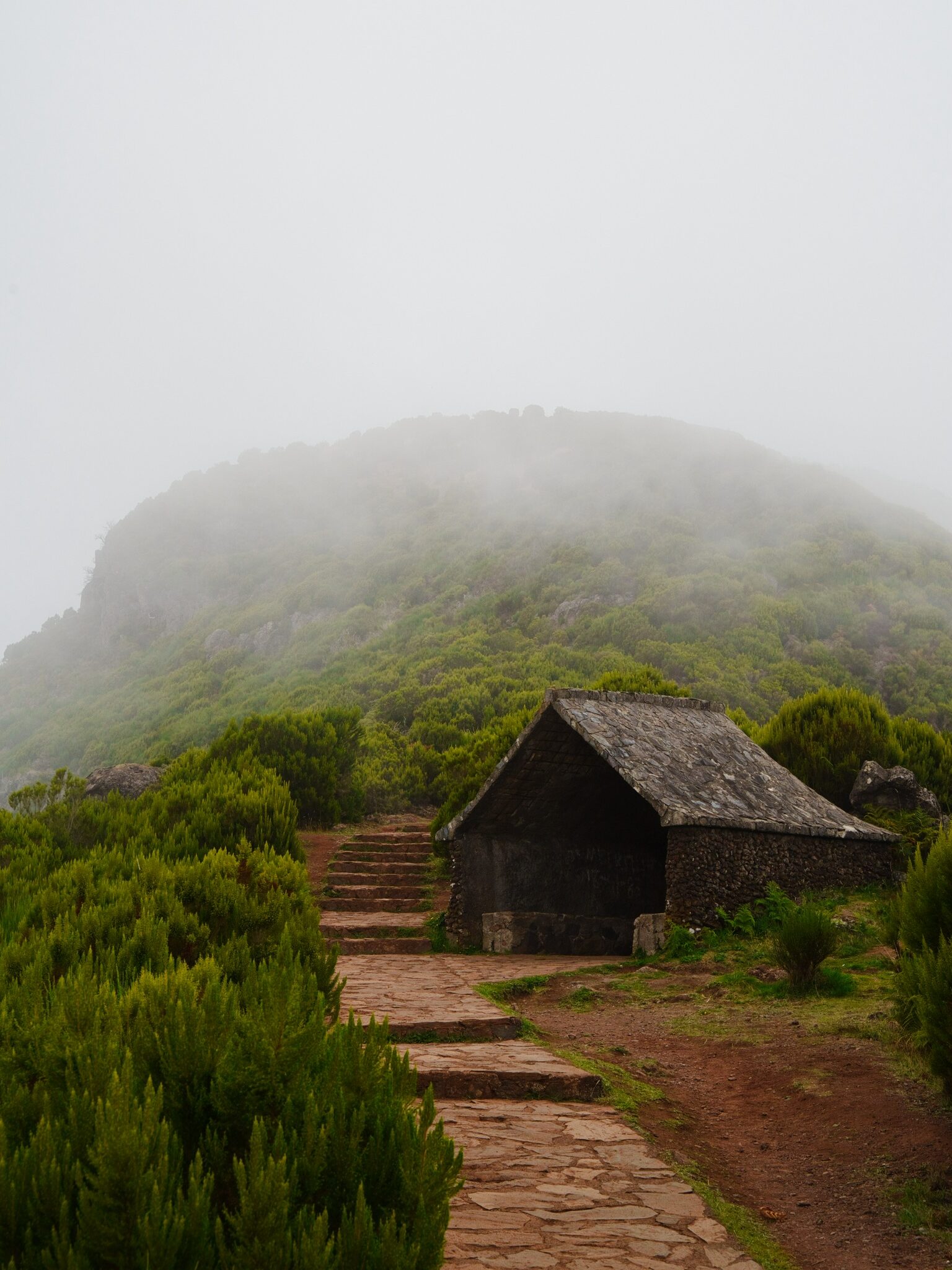 Auf einem Gipfel steht in Nebel gehüllt ein kleines Haus, zu dem ein rötlicher Weg hinführt.
